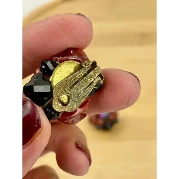 VTG Brown Black  Beaded Cluster Clip On Earrings Brass Germany 1960s - Picture 10 of 12